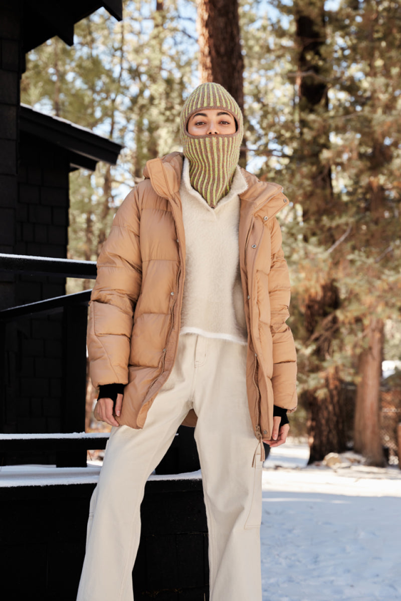 Woman Wearing Chai Colored Parka Puffer Jacket