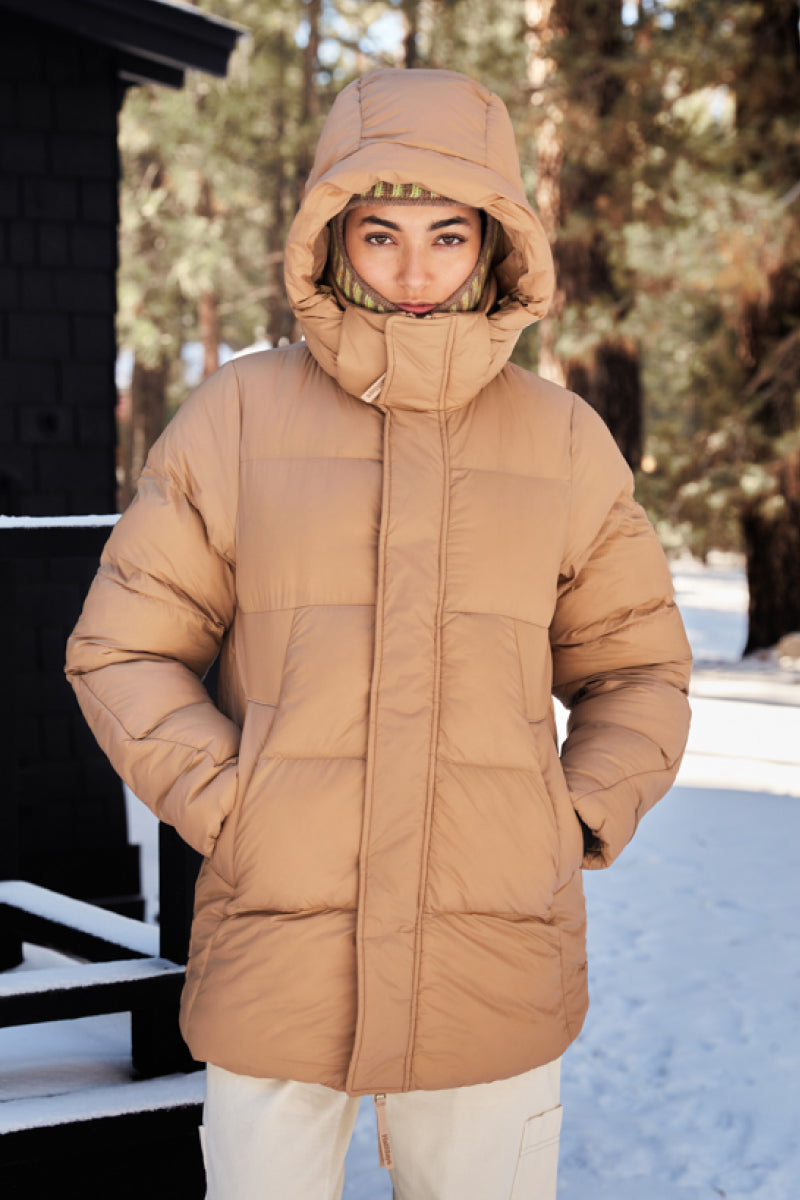 Woman Wearing Chai Colored Parka Puffer Jacket